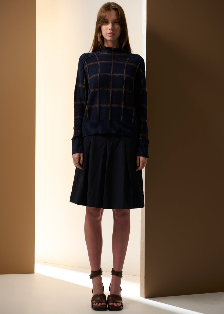 Sable Check Funnel Neck Knit - INK / Choc knit POL