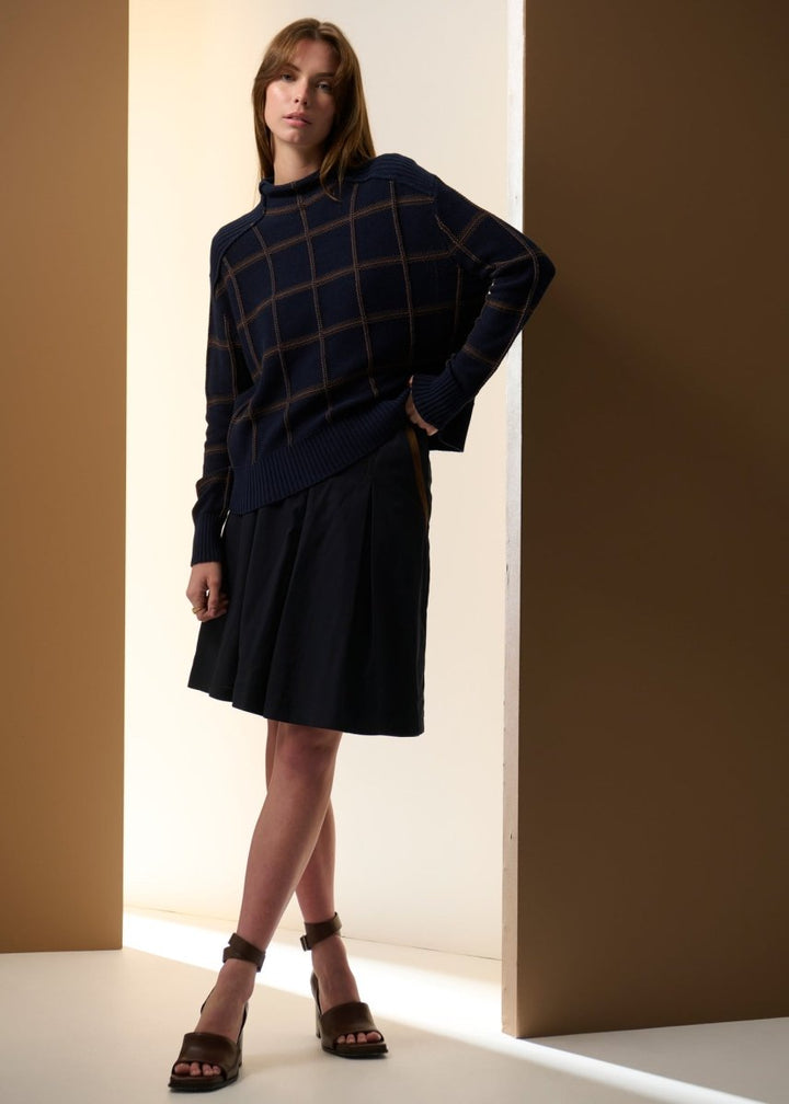 Sable Check Funnel Neck Knit - INK / Choc knit POL