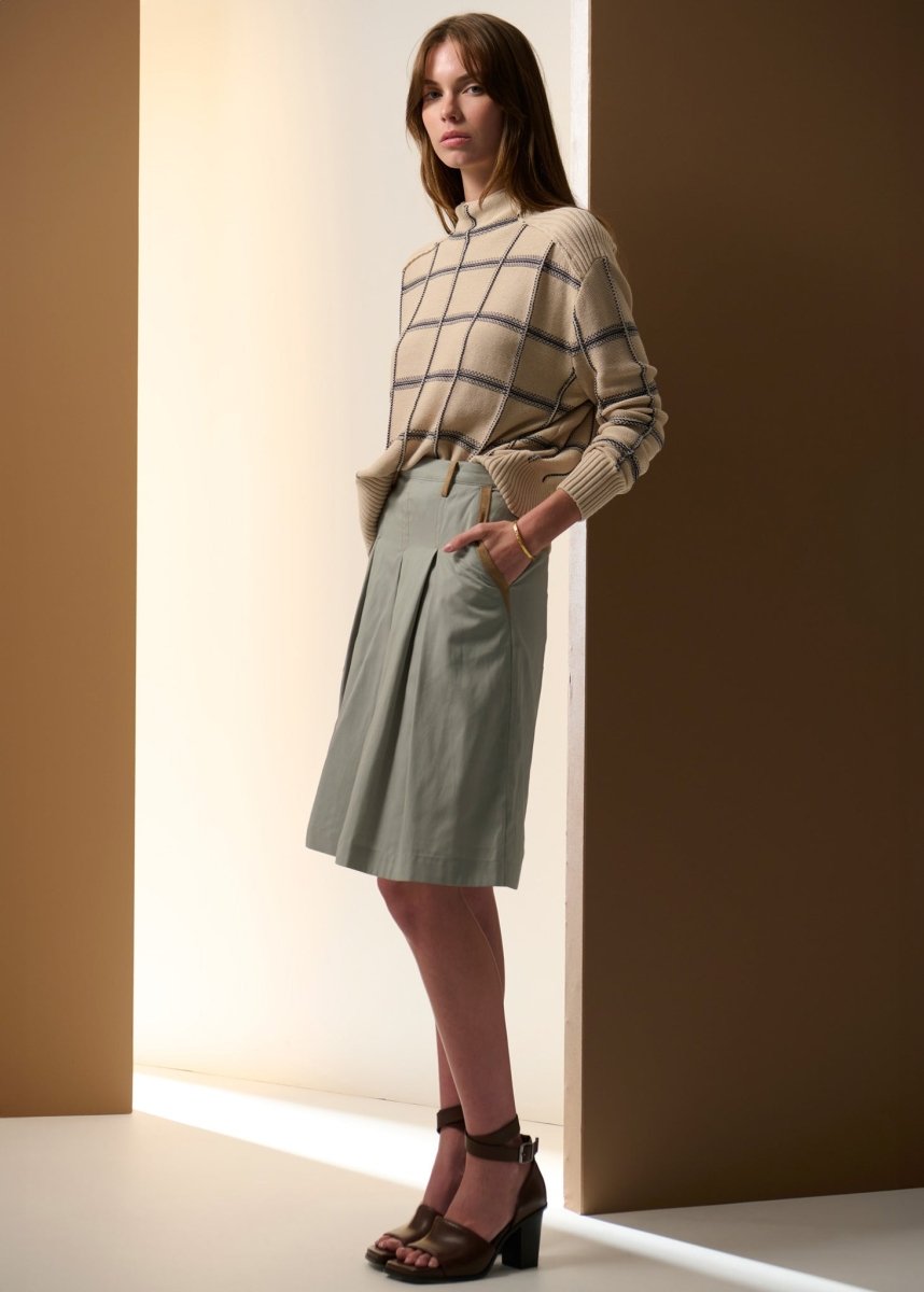 Sable Check Funnel Neck Knit - Pebble / INK knit POL