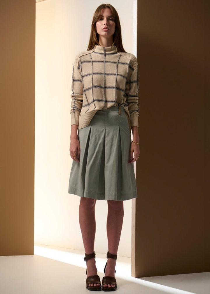 Sable Check Funnel Neck Knit - Pebble / INK knit POL