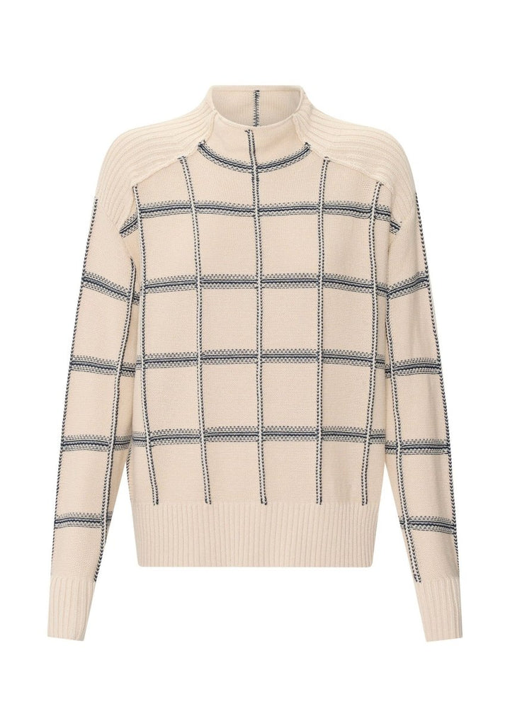 Sable Check Funnel Neck Knit - Pebble / INK knit POL