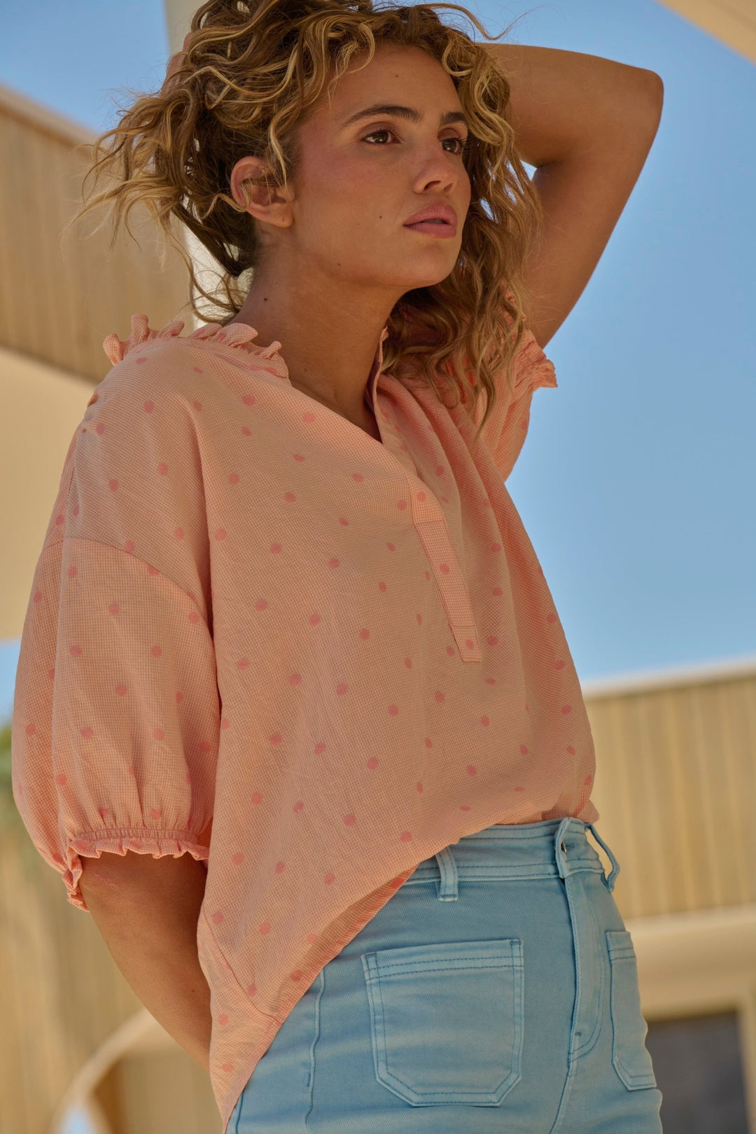 Sara Shirt - Peach w/Pink Dots - Stanleyandstone