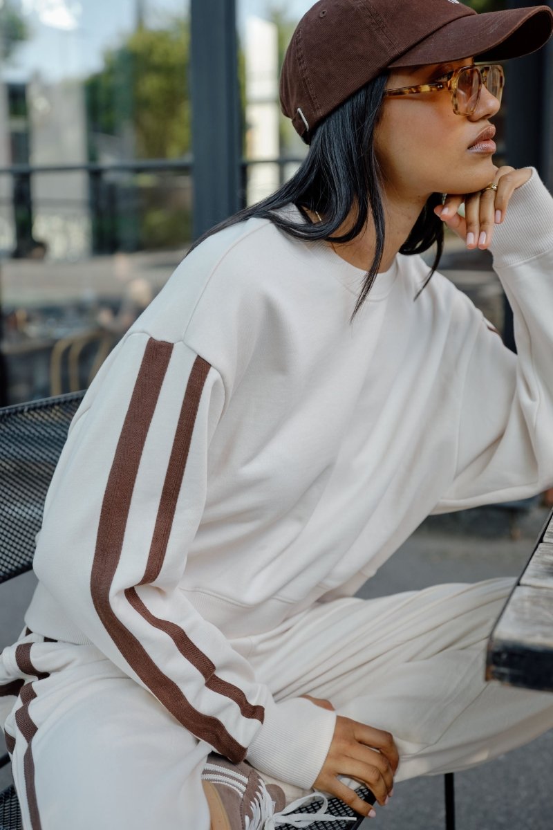 Sasha Sporty Slouchy Crew - Buff Chocolate Side Stripe - Stanleyandstone