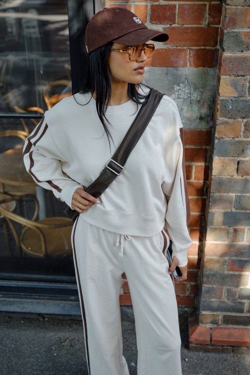 Sasha Sporty Slouchy Crew - Buff Chocolate Side Stripe - Stanleyandstone
