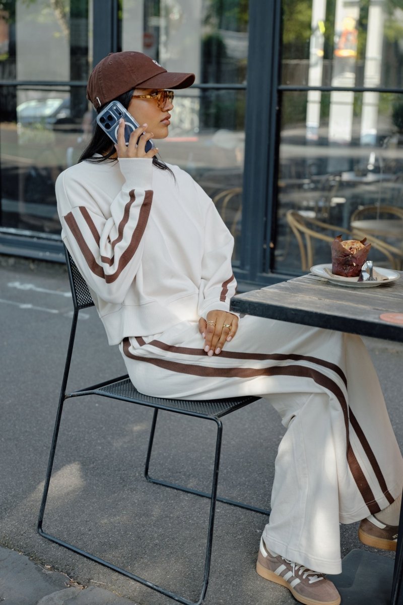 Sasha Sporty Slouchy Crew - Buff Chocolate Side Stripe Windcheater Ceres Life