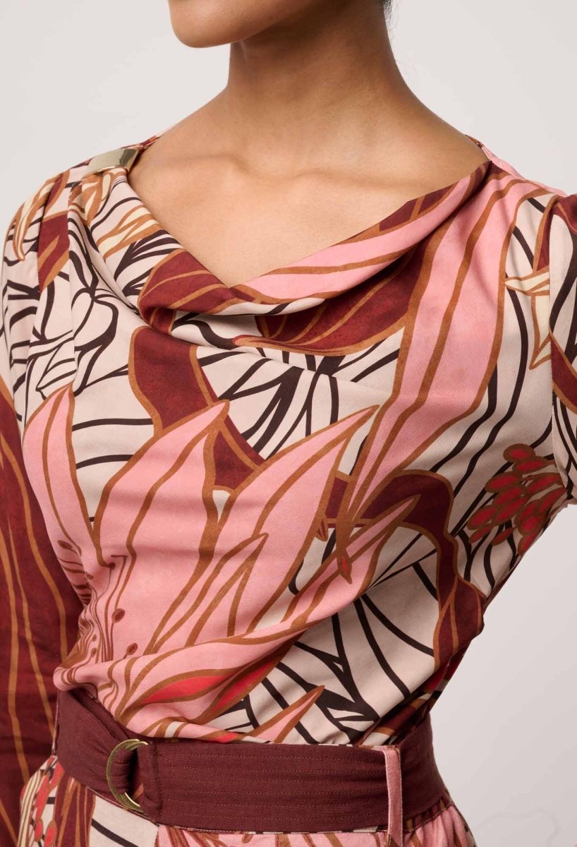 Serene Gold Detail Cupro Viscose Stretch Print Top in Cathedral Botanic Blouse Once Was