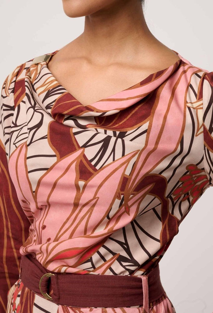 Serene Gold Detail Cupro Viscose Stretch Print Top in Cathedral Botanic Blouse Once Was