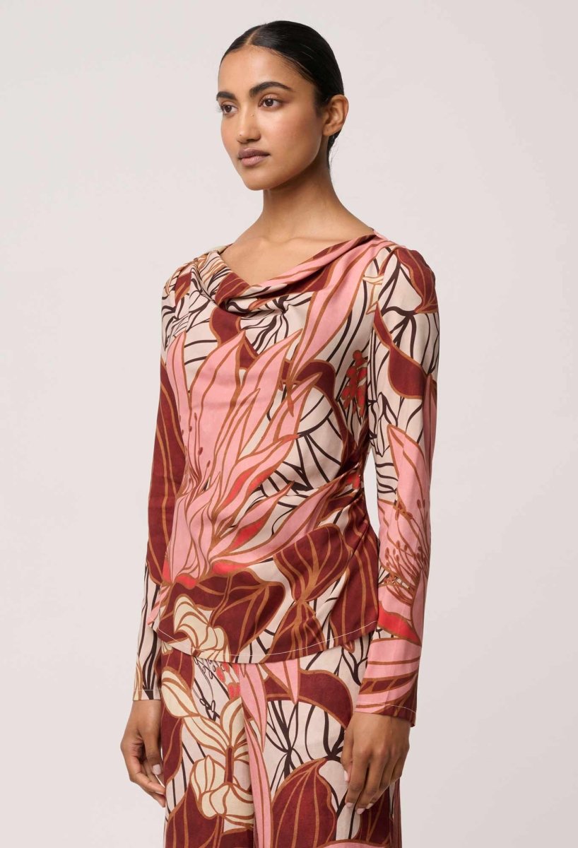 Serene Gold Detail Cupro Viscose Stretch Print Top in Cathedral Botanic Blouse Once Was