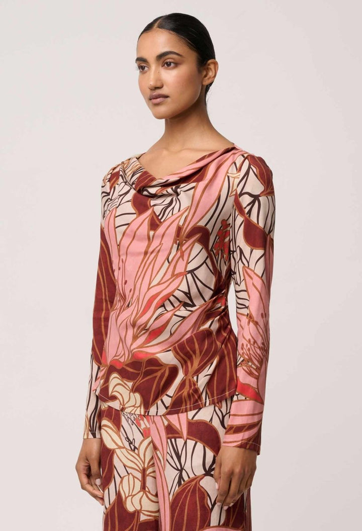 Serene Gold Detail Cupro Viscose Stretch Print Top in Cathedral Botanic Blouse Once Was