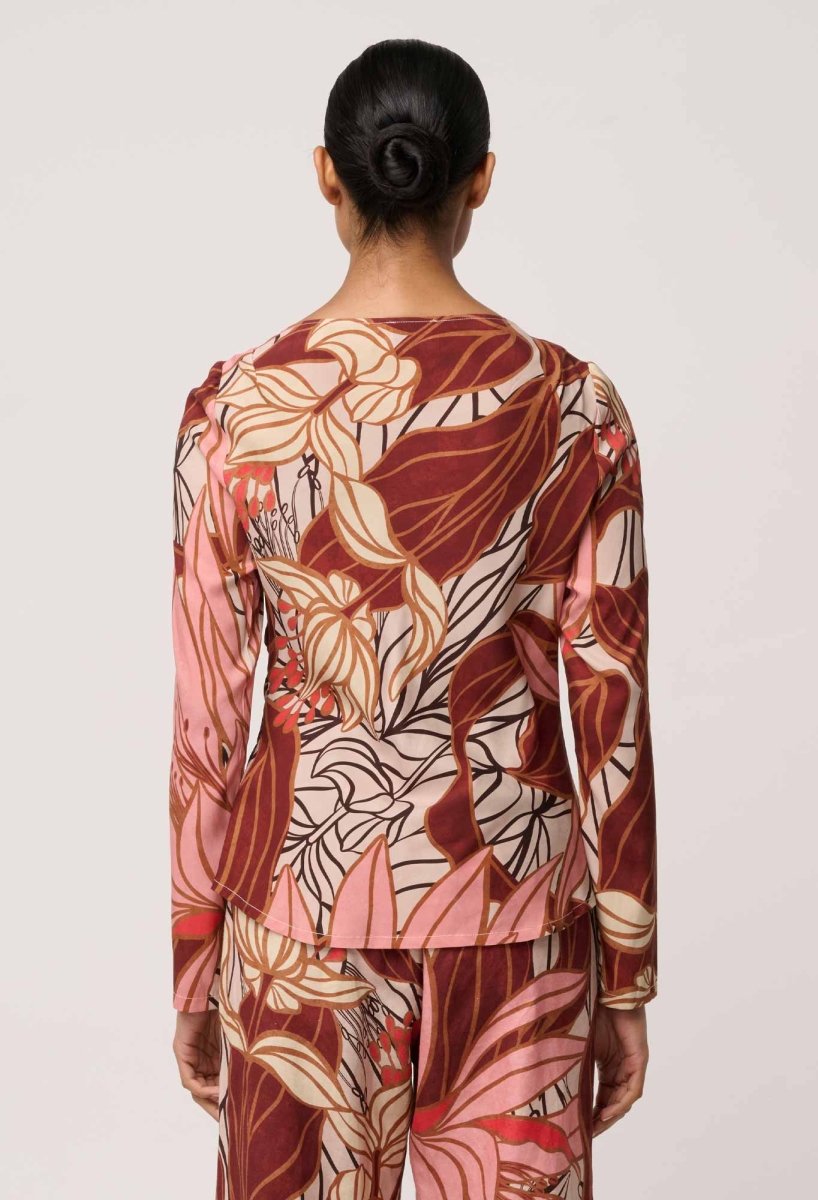 Serene Gold Detail Cupro Viscose Stretch Print Top in Cathedral Botanic Blouse Once Was