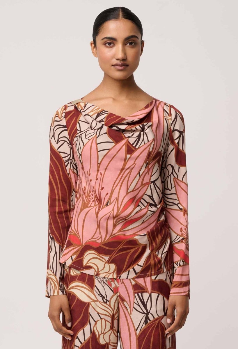 Serene Gold Detail Cupro Viscose Stretch Print Top in Cathedral Botanic Blouse Once Was