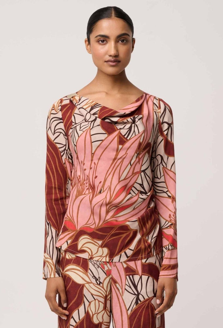 Serene Gold Detail Cupro Viscose Stretch Print Top in Cathedral Botanic Blouse Once Was