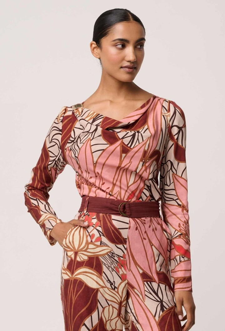Serene Gold Detail Cupro Viscose Stretch Print Top in Cathedral Botanic Blouse Once Was