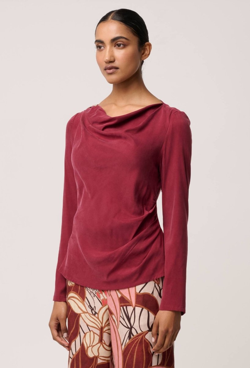 Serene Gold Detail Cupro Viscose Stretch Top in Ruby Blouse Once Was
