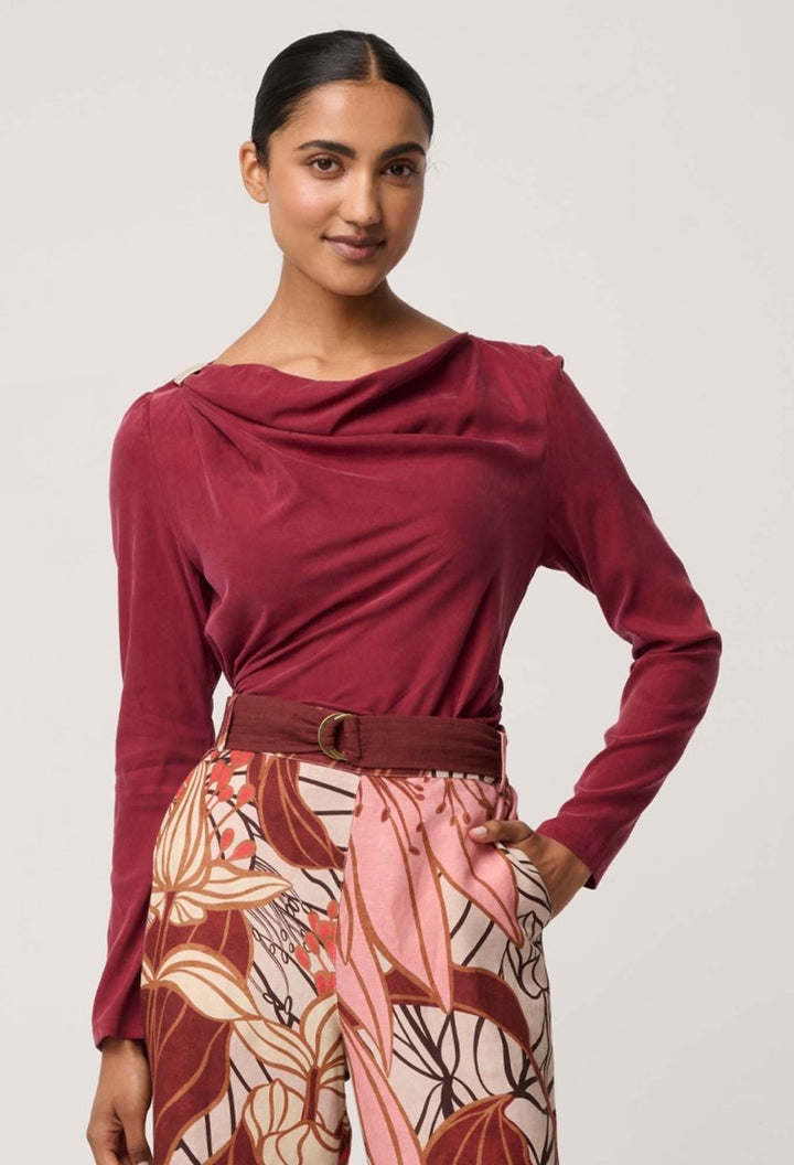 Serene Gold Detail Cupro Viscose Stretch Top in Ruby Blouse Once Was