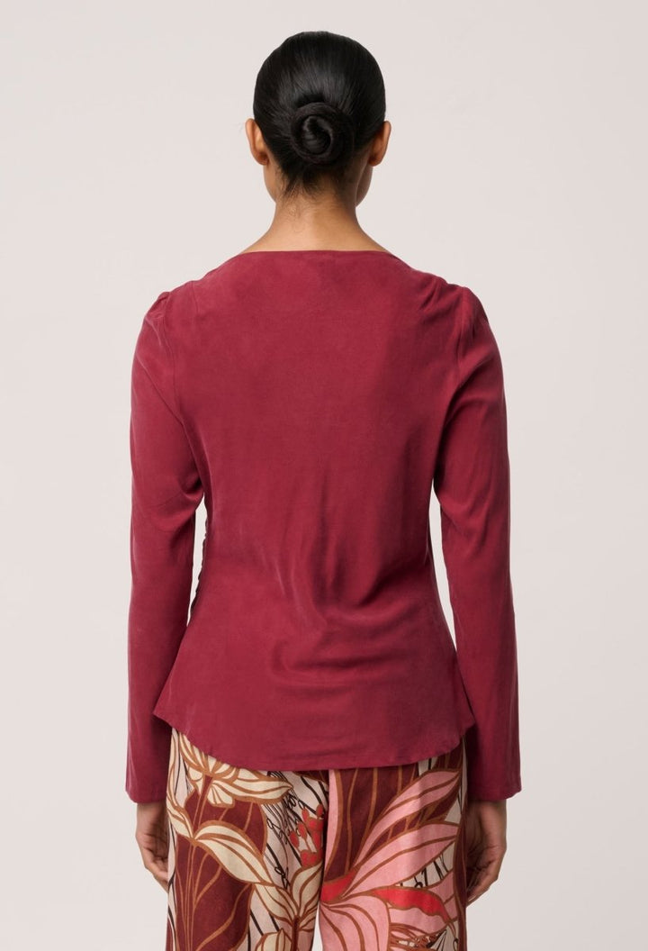 Serene Gold Detail Cupro Viscose Stretch Top in Ruby Blouse Once Was
