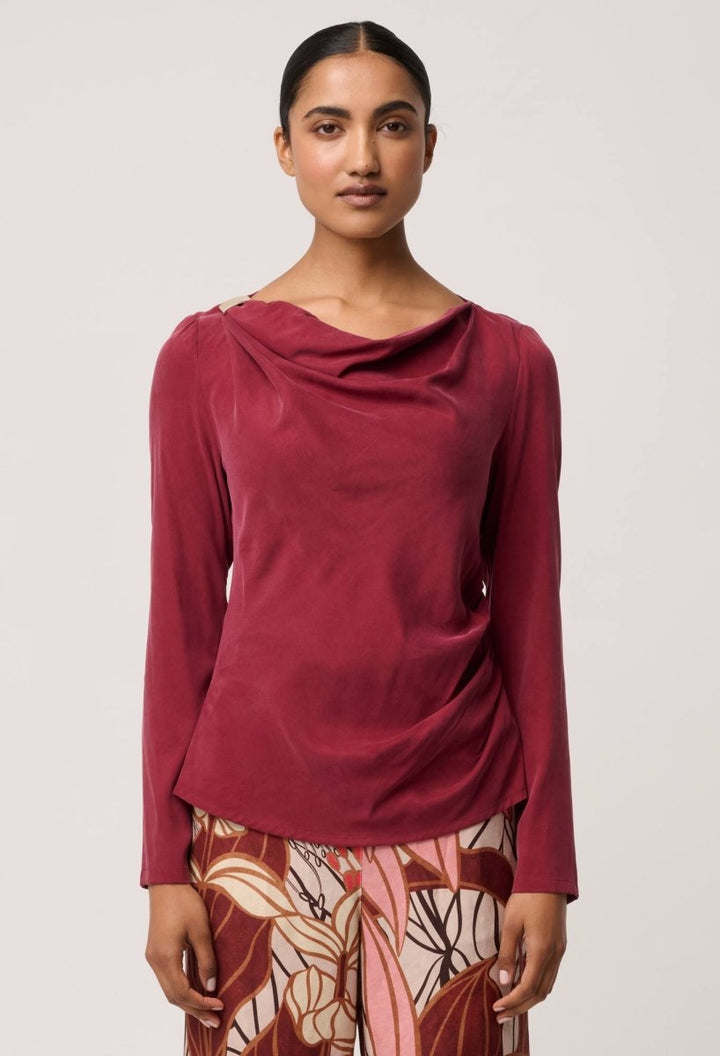 Serene Gold Detail Cupro Viscose Stretch Top in Ruby Blouse Once Was