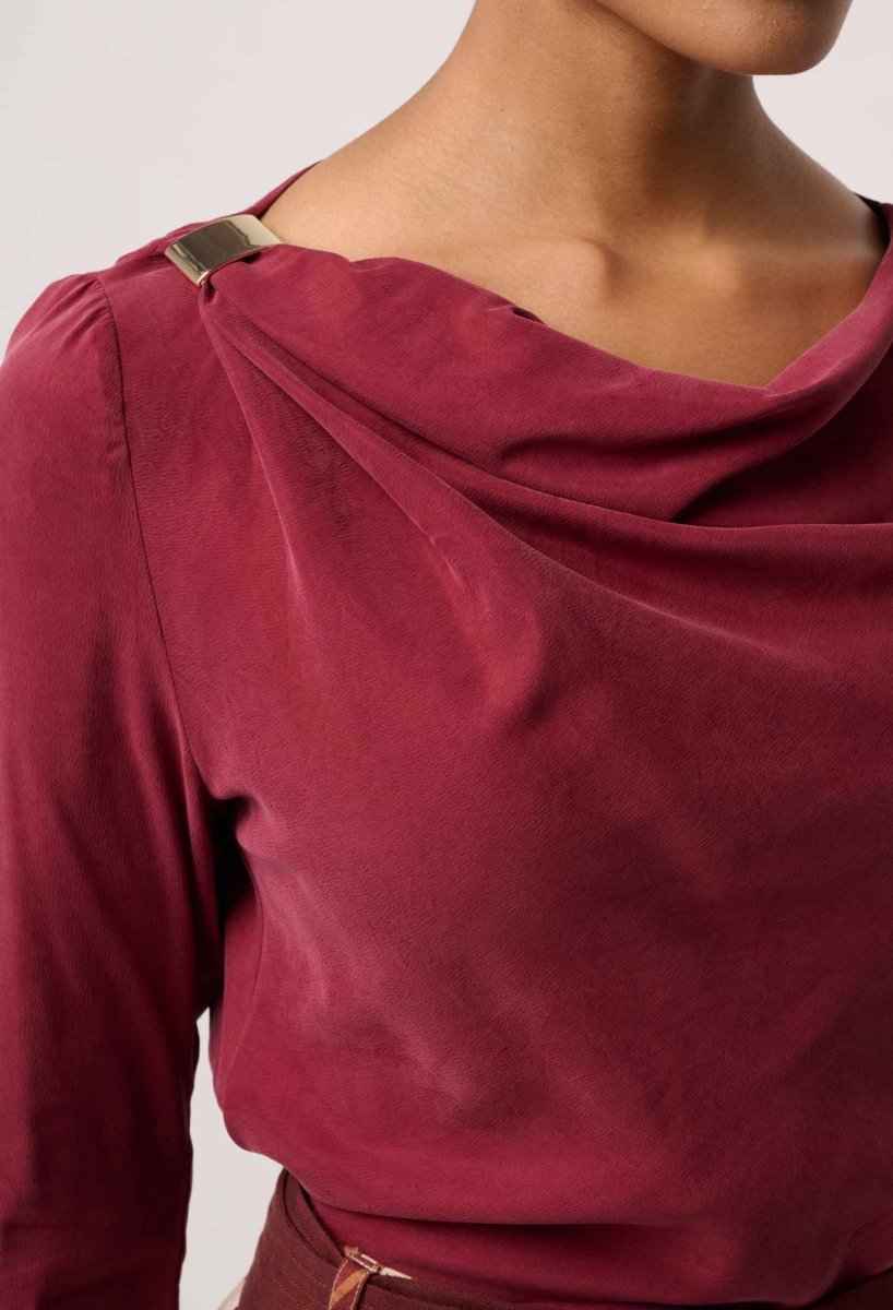 Serene Gold Detail Cupro Viscose Stretch Top in Ruby Blouse Once Was