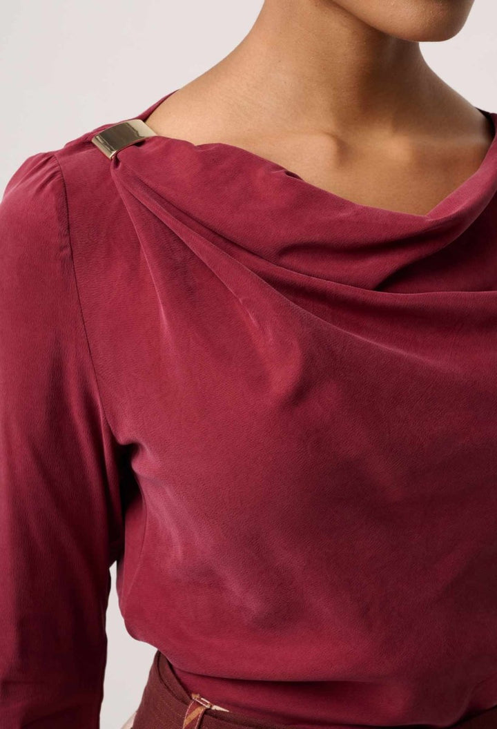 Serene Gold Detail Cupro Viscose Stretch Top in Ruby Blouse Once Was