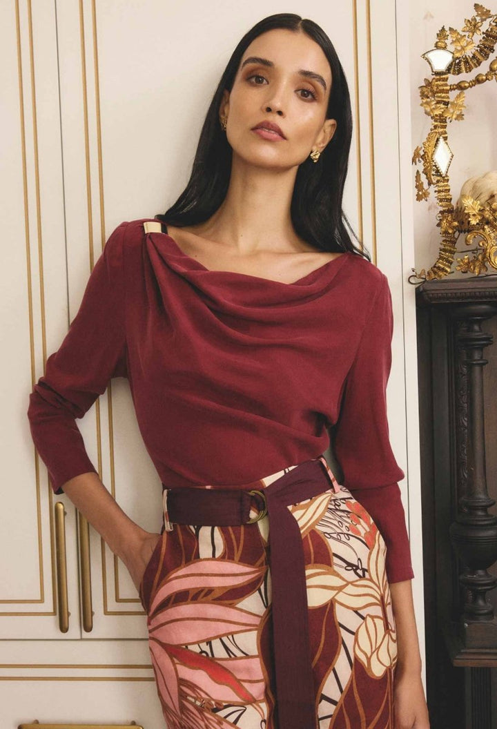 Serene Gold Detail Cupro Viscose Stretch Top in Ruby Blouse Once Was