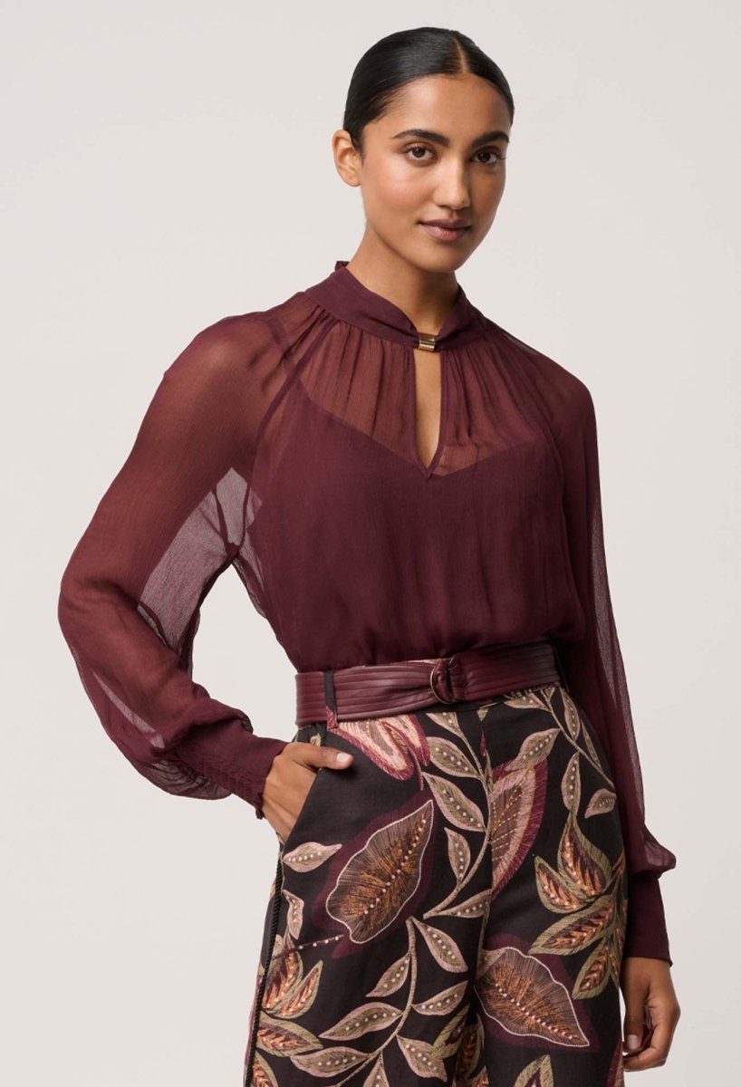 Simona Sheer Viscose Gold Detail Blouse in Bordeaux Blouse Once Was