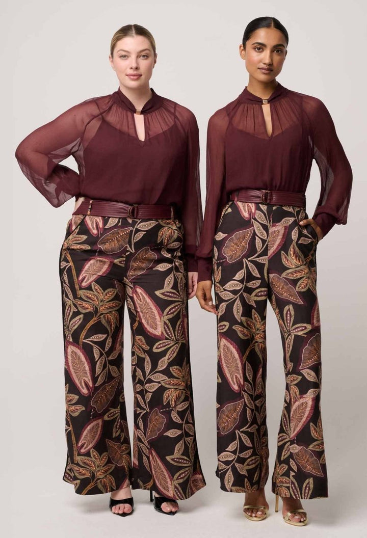 Simona Sheer Viscose Gold Detail Blouse in Bordeaux Blouse Once Was