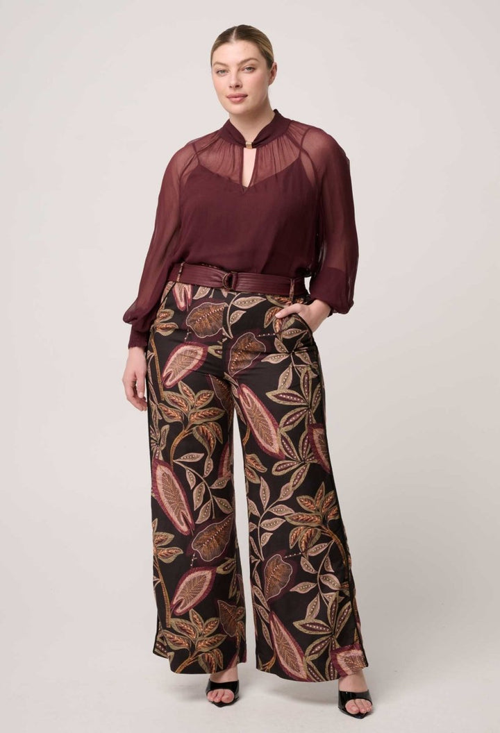 Simona Sheer Viscose Gold Detail Blouse in Bordeaux Blouse Once Was