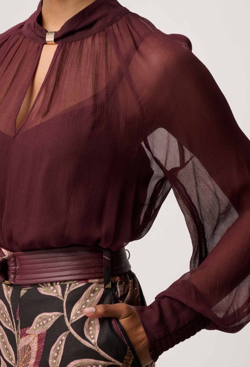 Simona Sheer Viscose Gold Detail Blouse in Bordeaux Blouse Once Was
