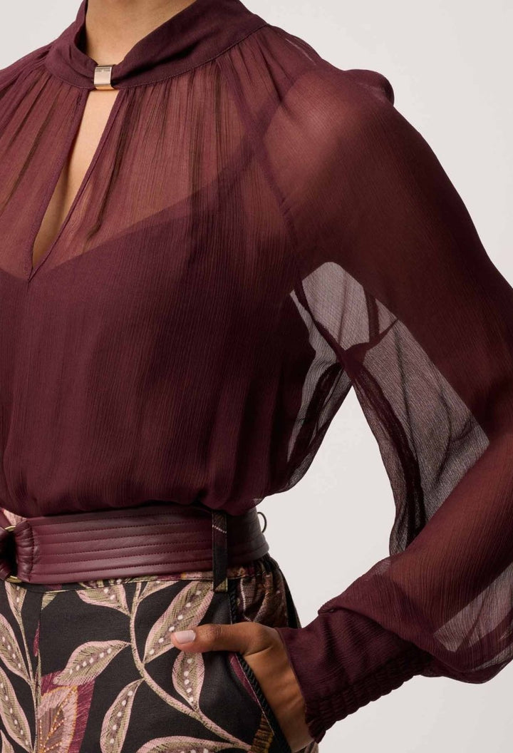 Simona Sheer Viscose Gold Detail Blouse in Bordeaux Blouse Once Was