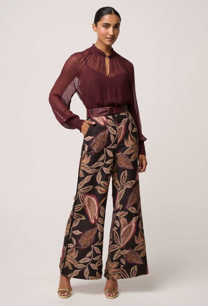 Simona Sheer Viscose Gold Detail Blouse in Bordeaux Blouse Once Was