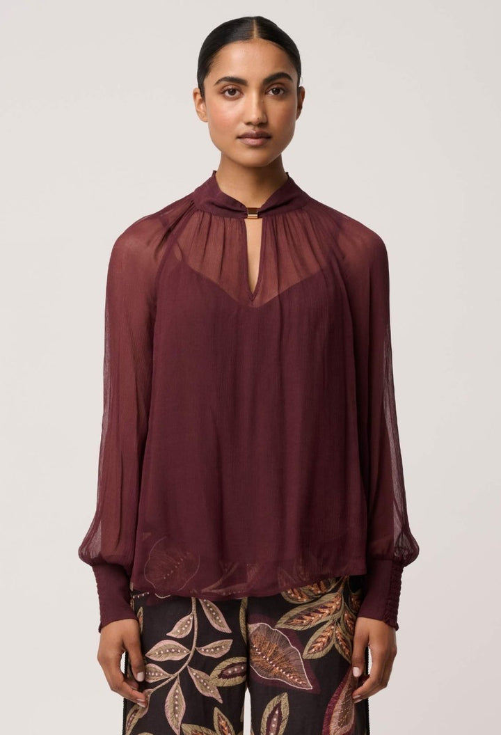 Simona Sheer Viscose Gold Detail Blouse in Bordeaux Blouse Once Was