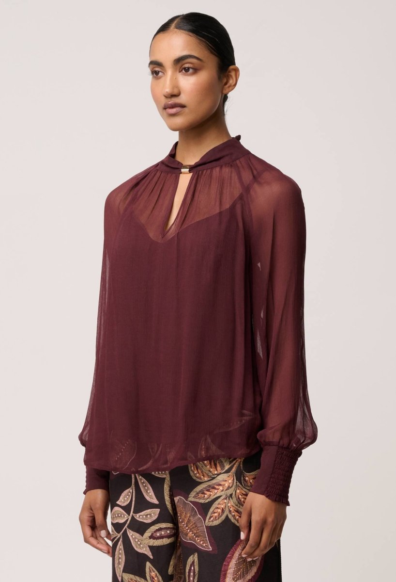 Simona Sheer Viscose Gold Detail Blouse in Bordeaux Blouse Once Was