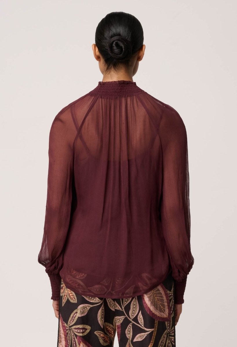Simona Sheer Viscose Gold Detail Blouse in Bordeaux Blouse Once Was