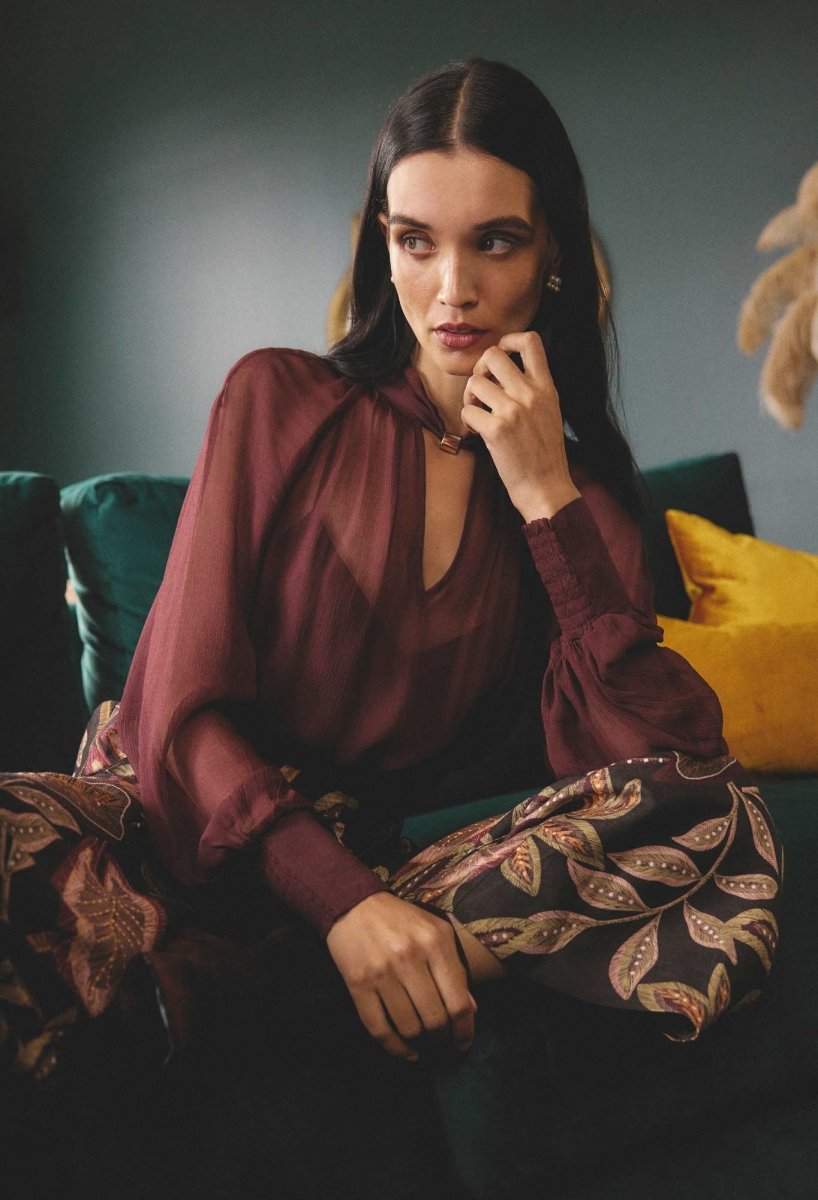 Simona Sheer Viscose Gold Detail Blouse in Bordeaux Blouse Once Was