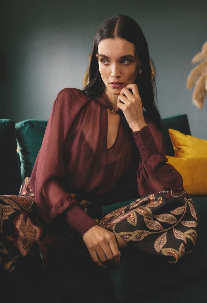 Simona Sheer Viscose Gold Detail Blouse in Bordeaux Blouse Once Was
