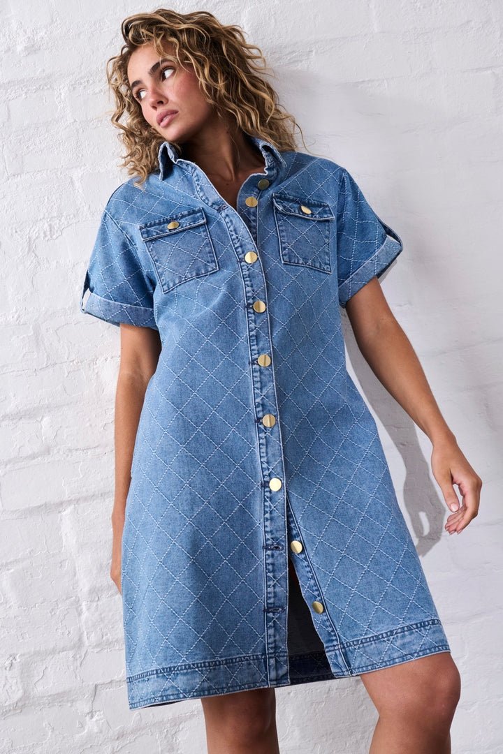 Simone Dress | Check Stitch - 70s Blue Kireina