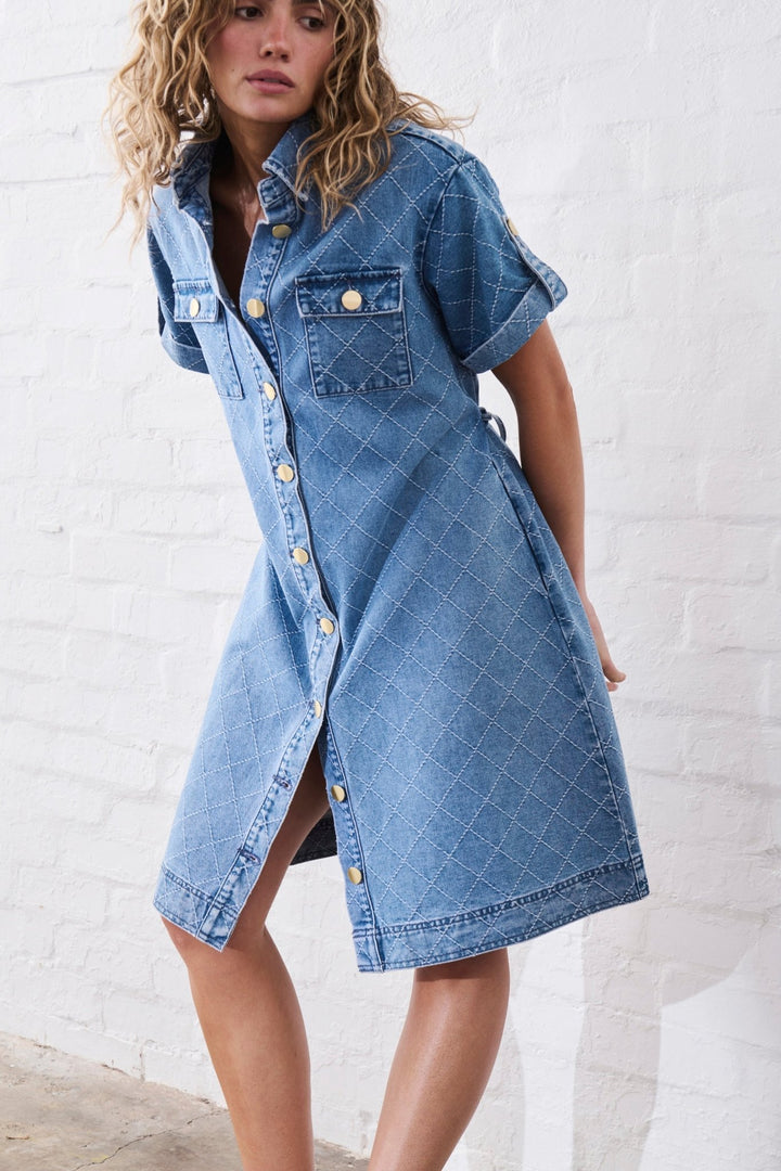 Simone Dress | Check Stitch - 70s Blue Kireina
