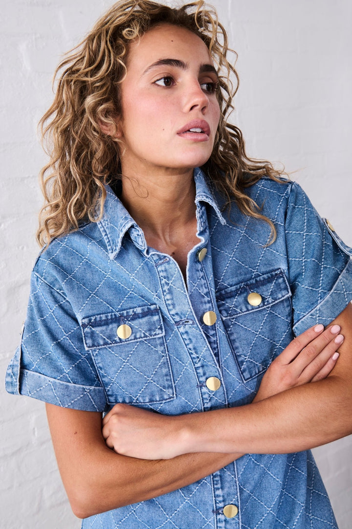 Simone Dress | Check Stitch - 70s Blue Kireina