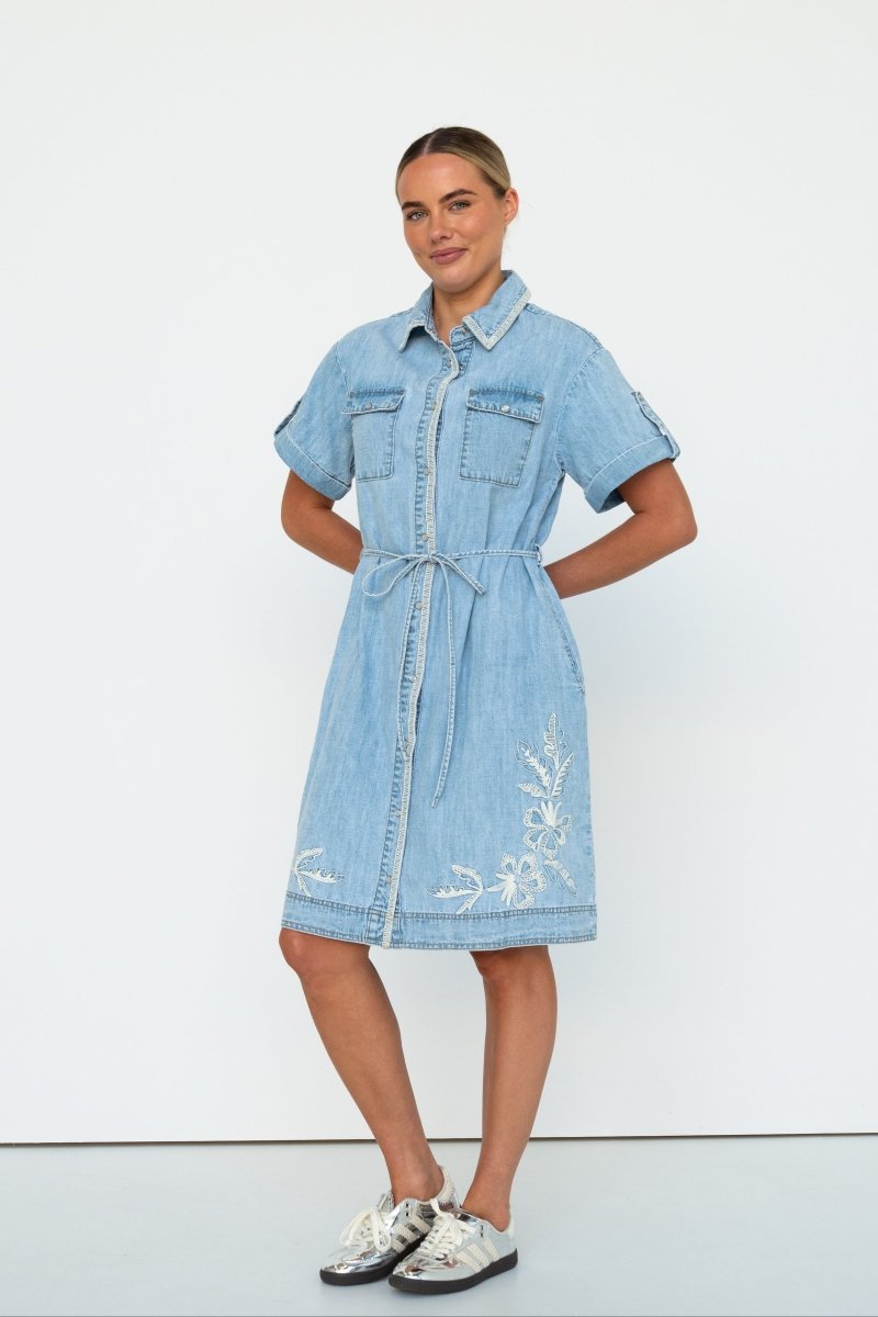 Simone Dress | Floral Embroidery - 70s Blue Kireina