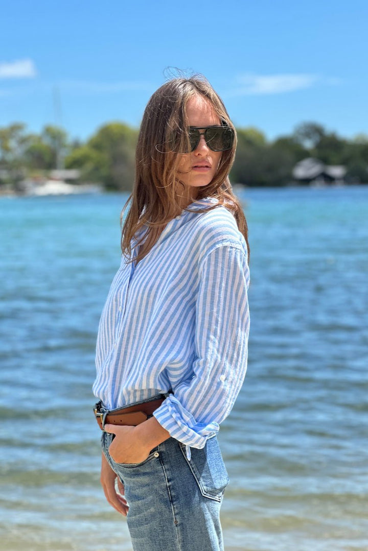 Sky Blue Yarn Dyed Stripe Boyfriend Linen Shirt H U T