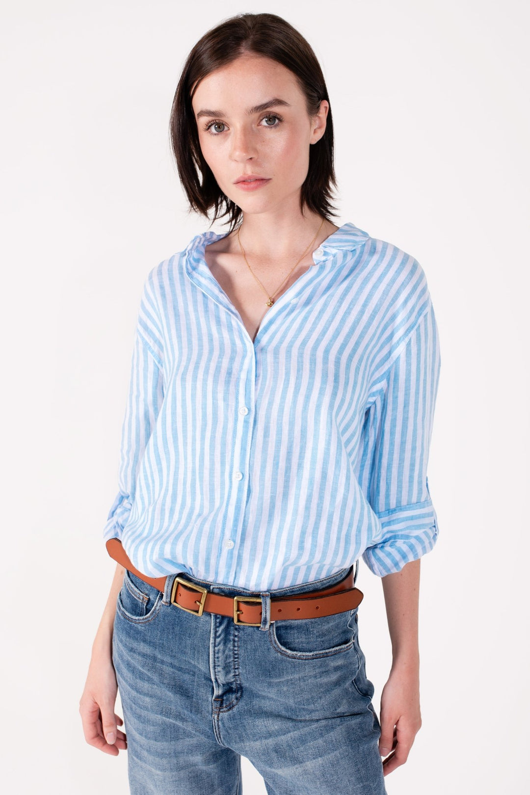 Sky Blue Yarn Dyed Stripe Boyfriend Linen Shirt H U T
