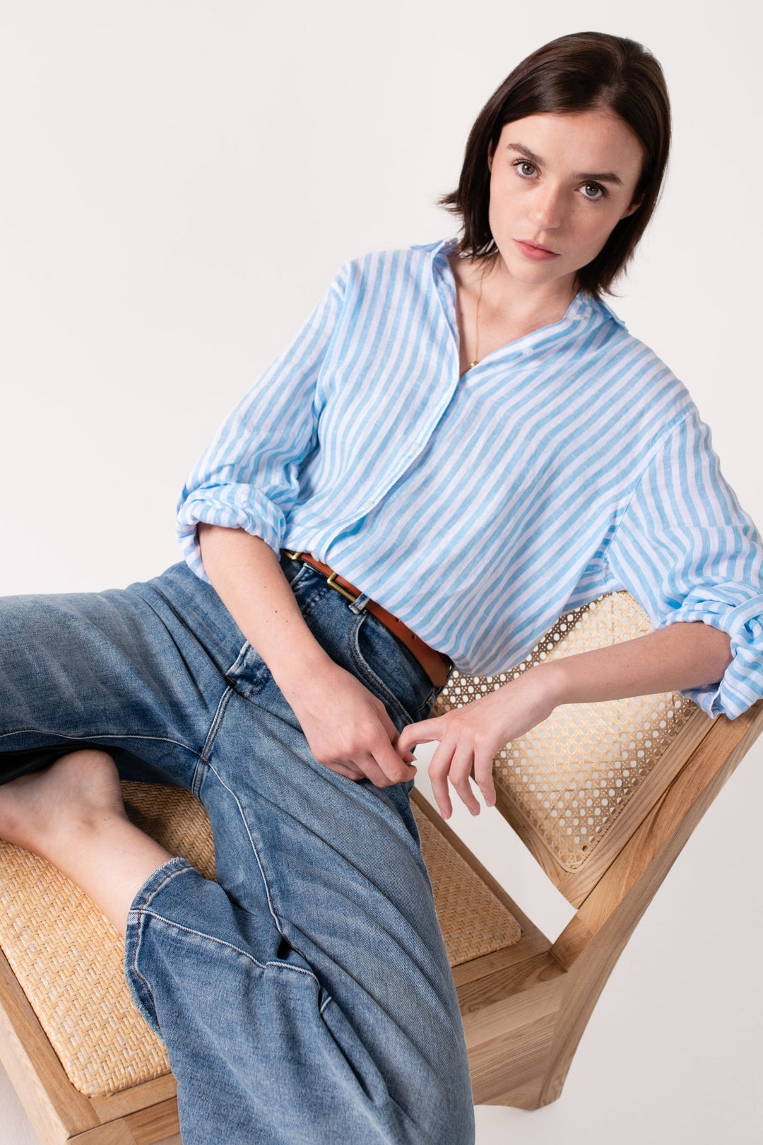 Sky Blue Yarn Dyed Stripe Boyfriend Linen Shirt H U T