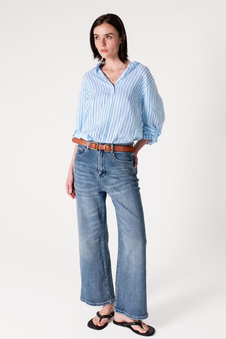 Sky Blue Yarn Dyed Stripe Boyfriend Linen Shirt H U T