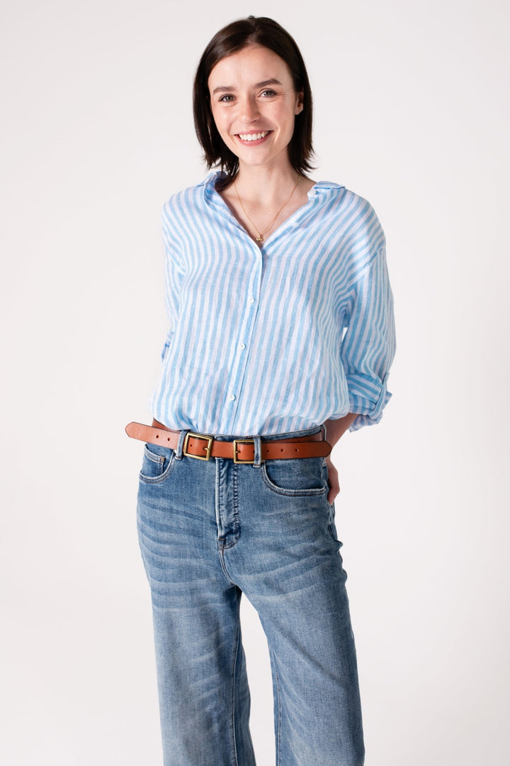 Sky Blue Yarn Dyed Stripe Boyfriend Linen Shirt H U T