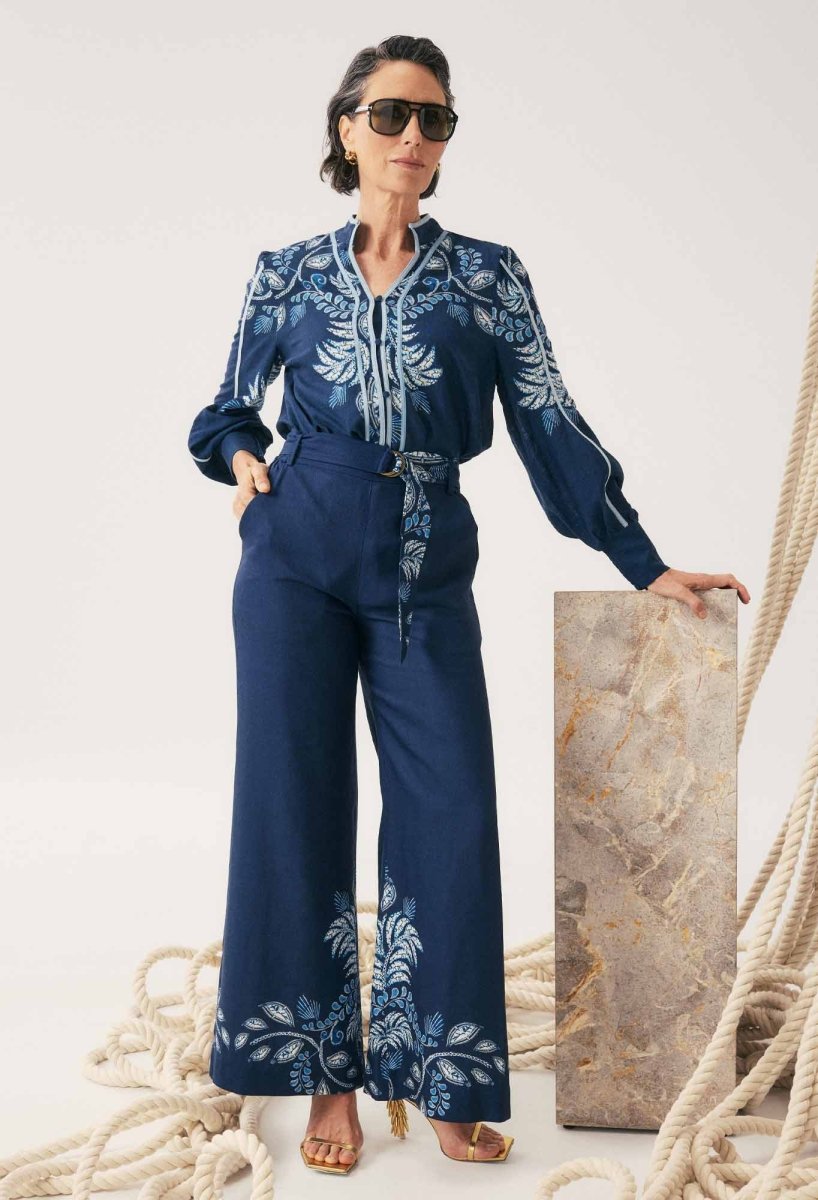 Sloane Linen Viscose Wide Leg Pant with D-Ring Belt - Moonlit Batik Once Was