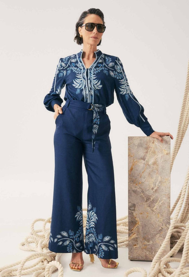 Sloane Linen Viscose Wide Leg Pant with D-Ring Belt - Moonlit Batik Once Was