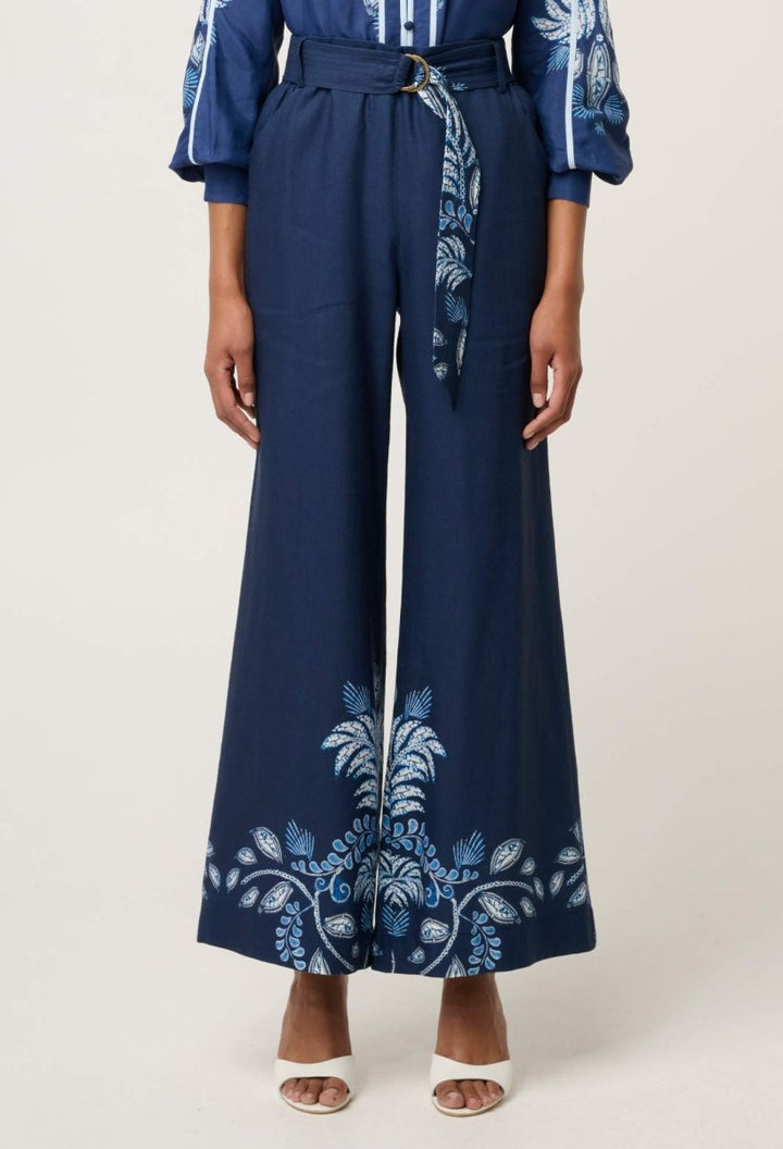 Sloane Linen Viscose Wide Leg Pant with D-Ring Belt - Moonlit Batik Once Was