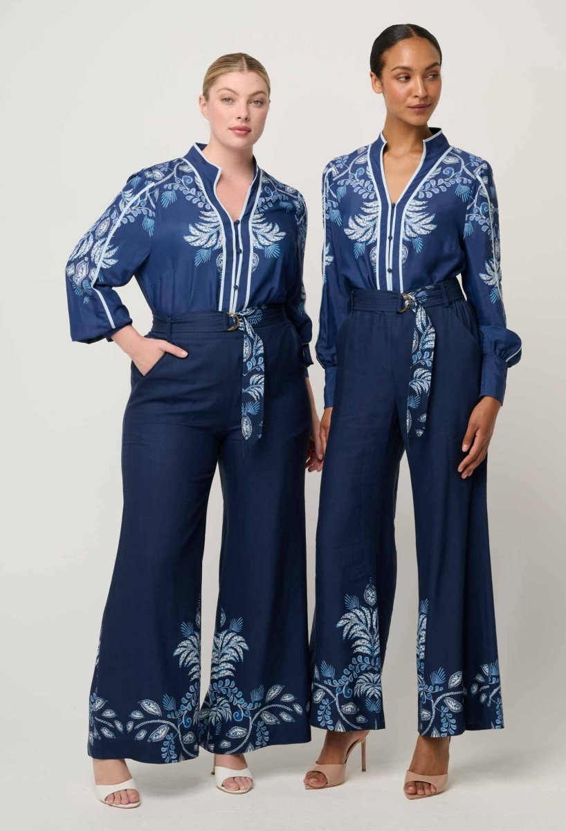 Sloane Linen Viscose Wide Leg Pant with D-Ring Belt - Moonlit Batik Once Was