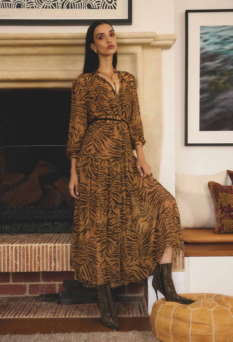 Solene Sheer Viscose Midi Dress in Exotica OnceWas