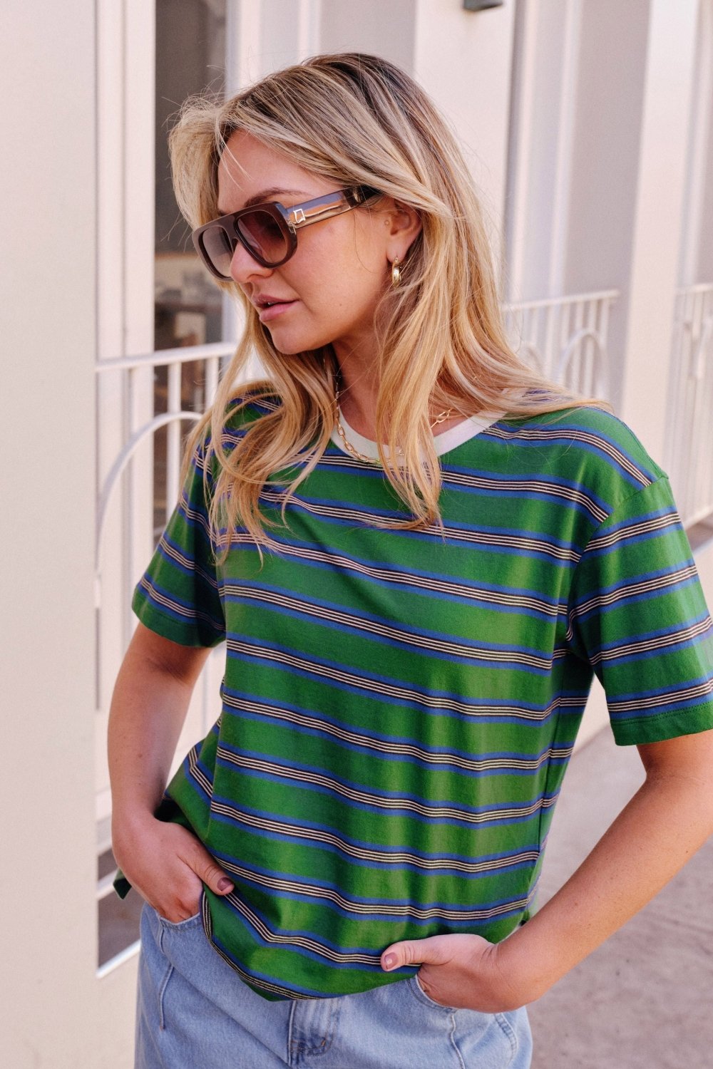 Stevie Slouchy Tee - Basil/Blue Stripe Tee shirt Ceres Life